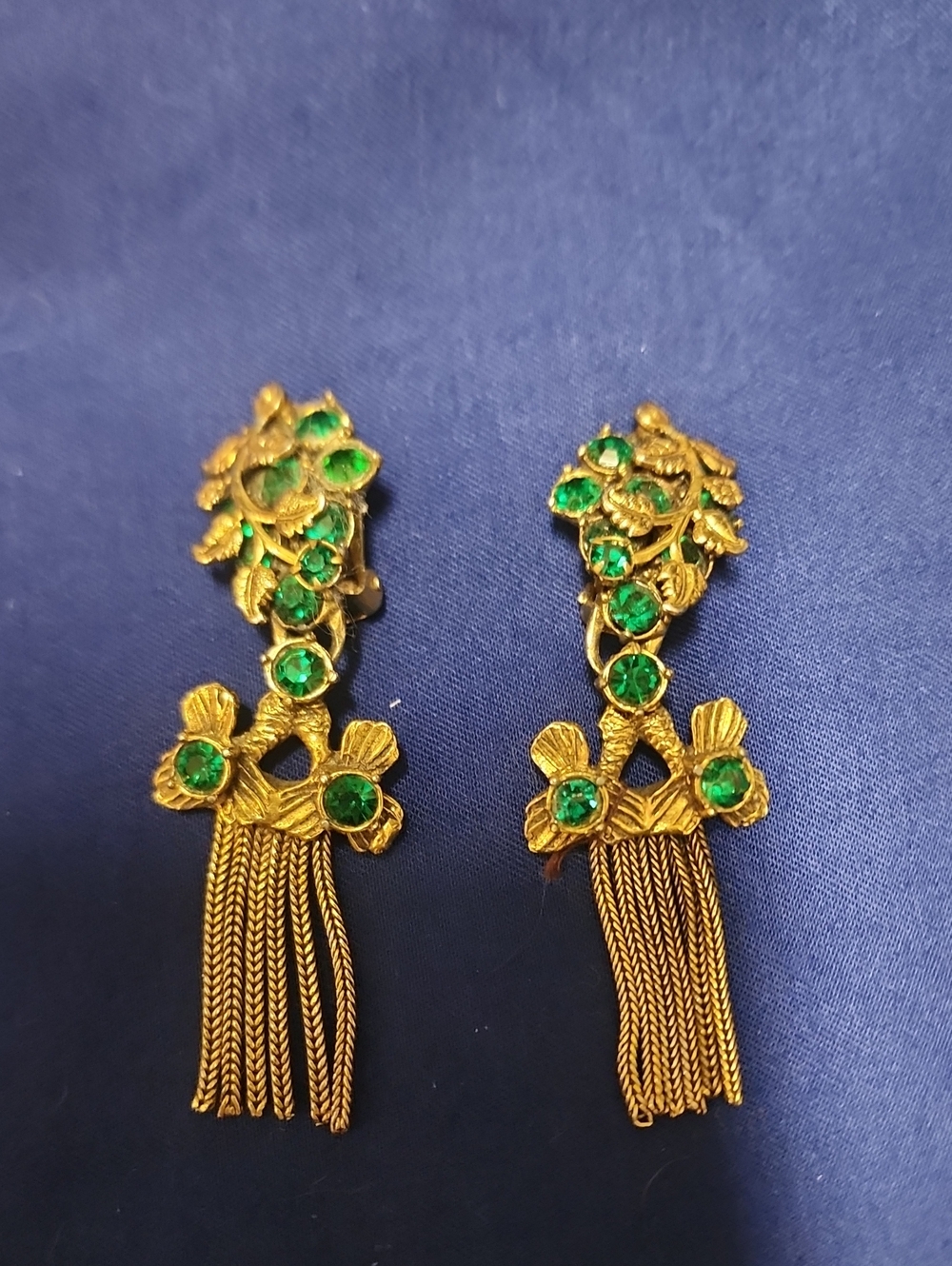 Vintage Tassel Earrings Green Stones Golden Tone Clip On EUC